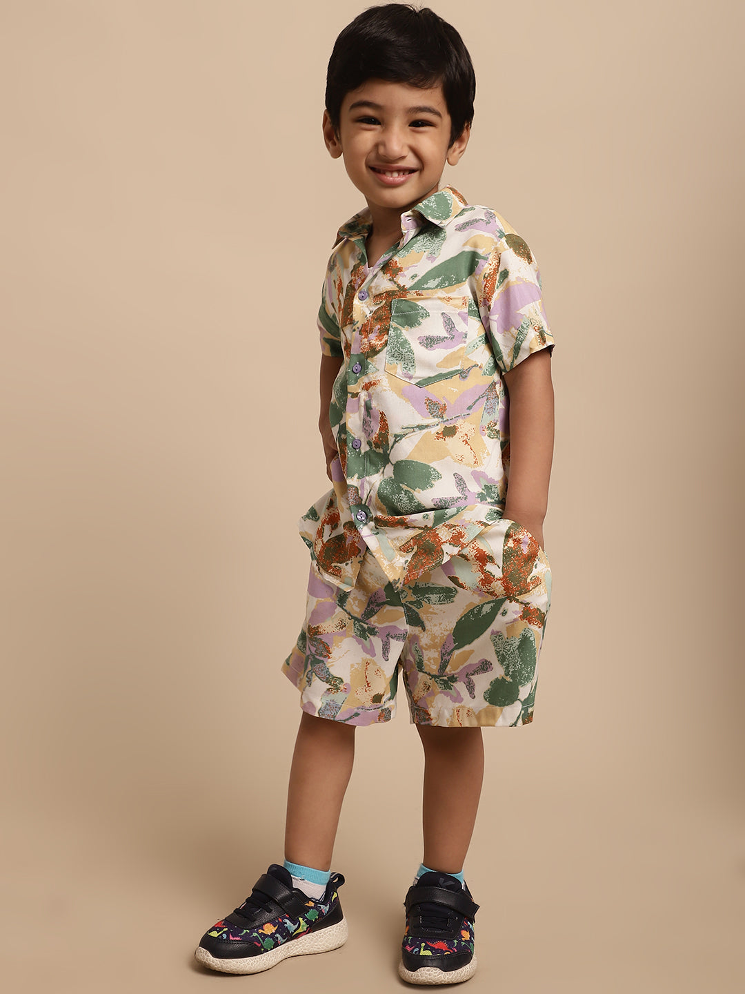 Boys Co-ord Set With Printed Rayon Shirt and Shorts, Green