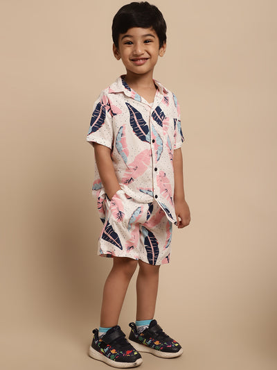 Boys Co-ord Set With Printed Rayon Shirt and Shorts, Pink