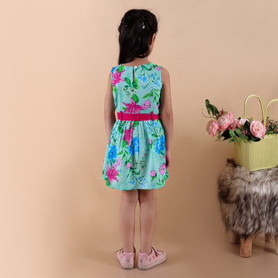 Girls Rayon Floral Printed Sleeveless Frock Dress with Stylish Waistbelt and Elegant Bow, Green