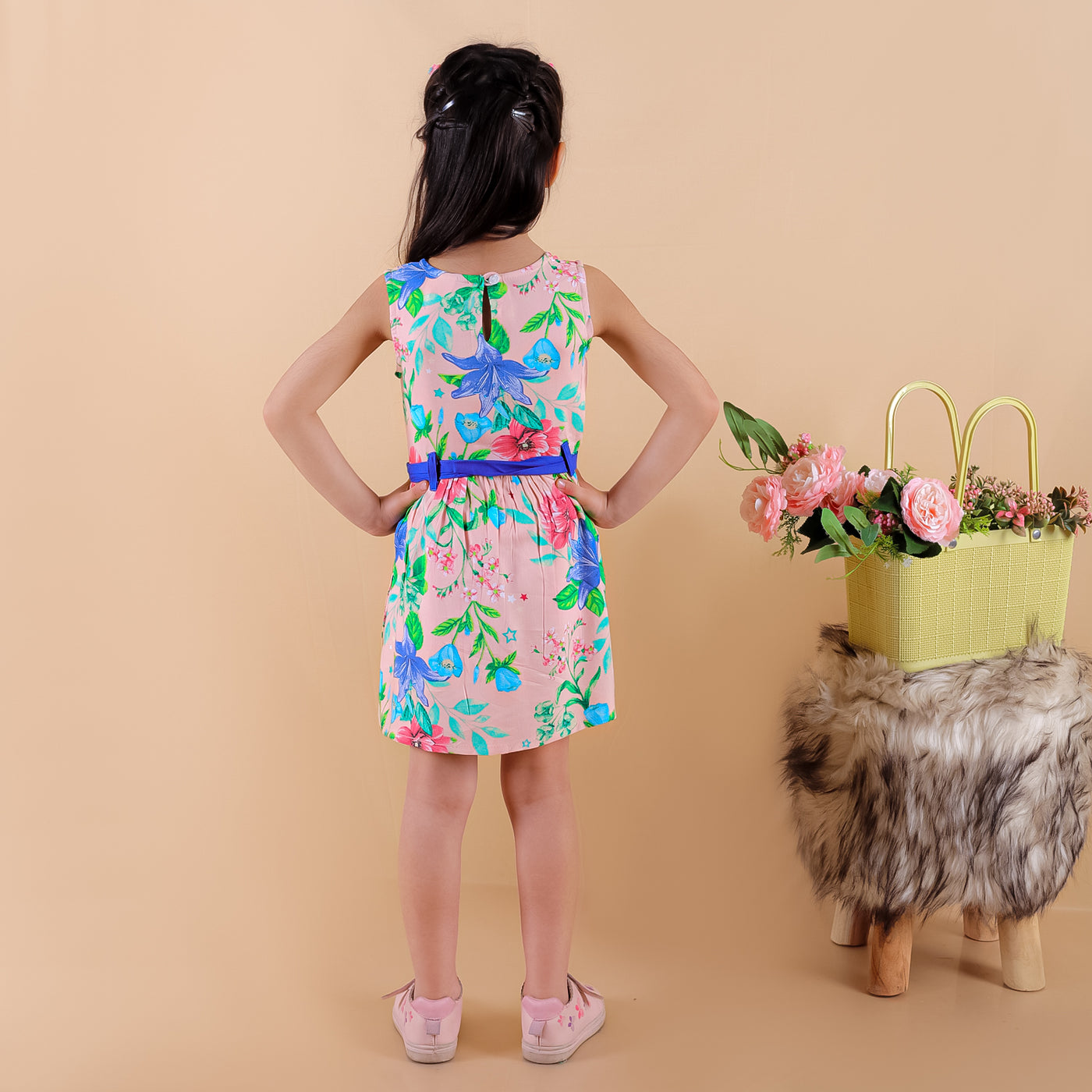 Girls Rayon Floral Printed Sleeveless Frock Dress with Stylish Waistbelt and Elegant Bow, Peach