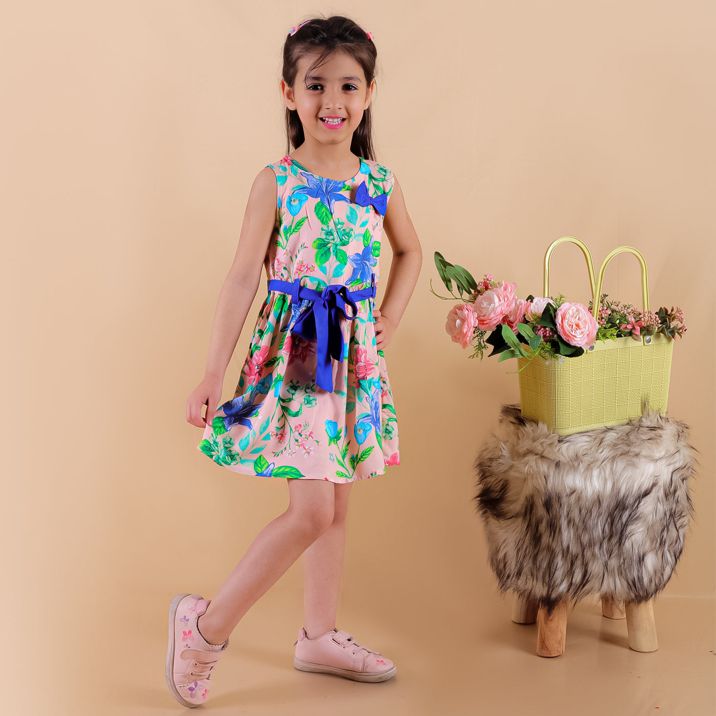 Girls Rayon Floral Printed Sleeveless Frock Dress with Stylish Waistbelt and Elegant Bow, Peach