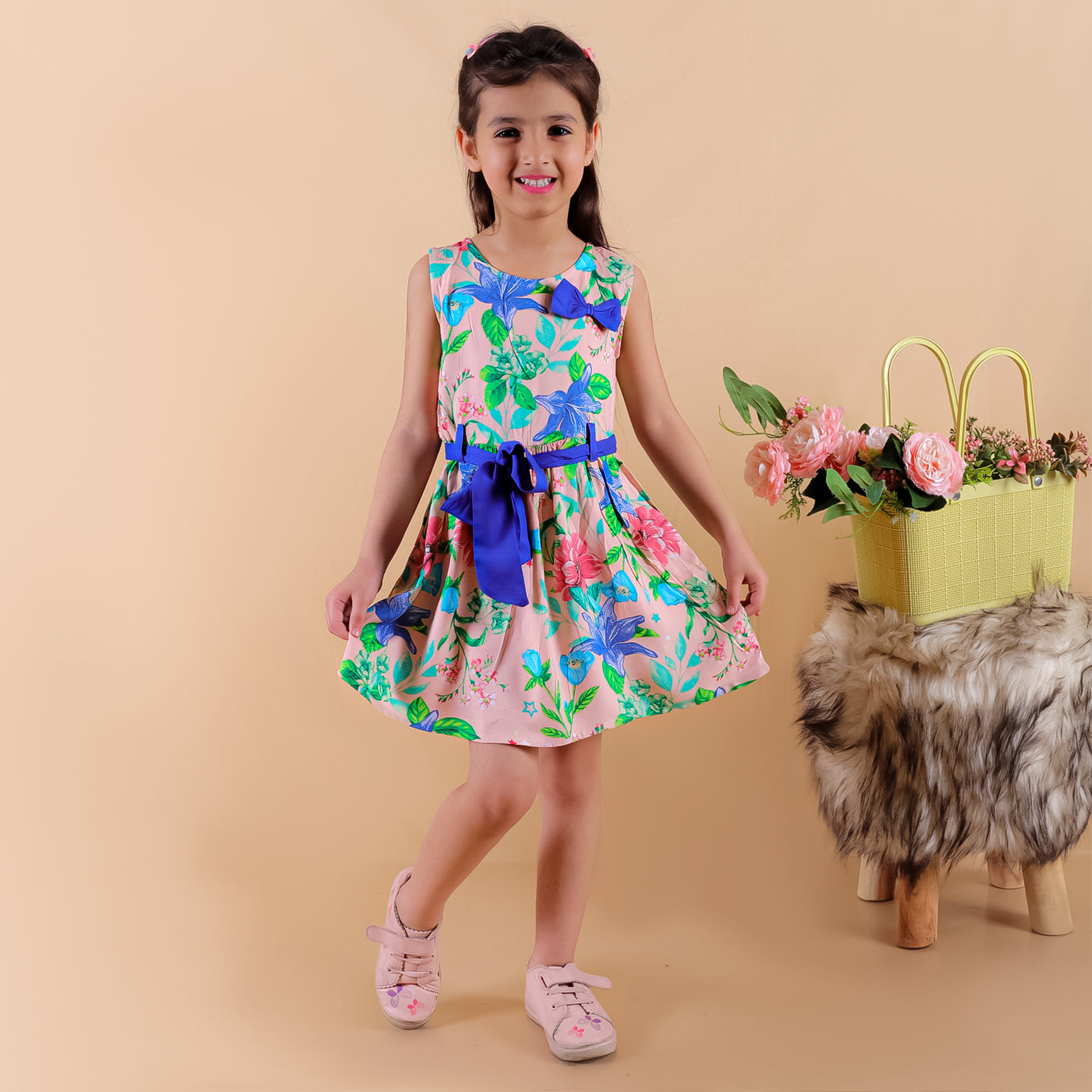 Girls Rayon Floral Printed Sleeveless Frock Dress with Stylish Waistbelt and Elegant Bow, Peach