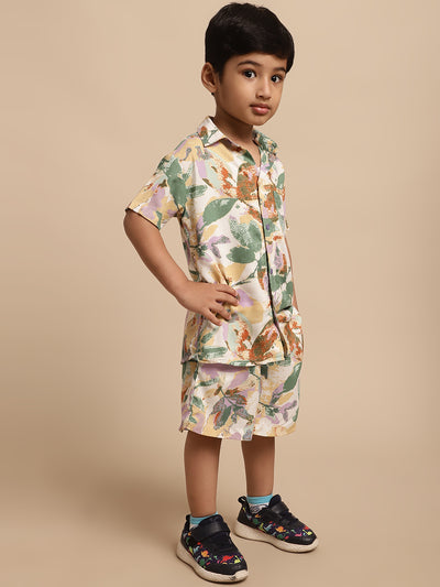 Boys Co-ord Set With Printed Rayon Shirt and Shorts, Green