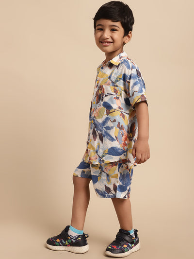 Boys Co-ord Set With Printed Rayon Shirt and Shorts, Blue