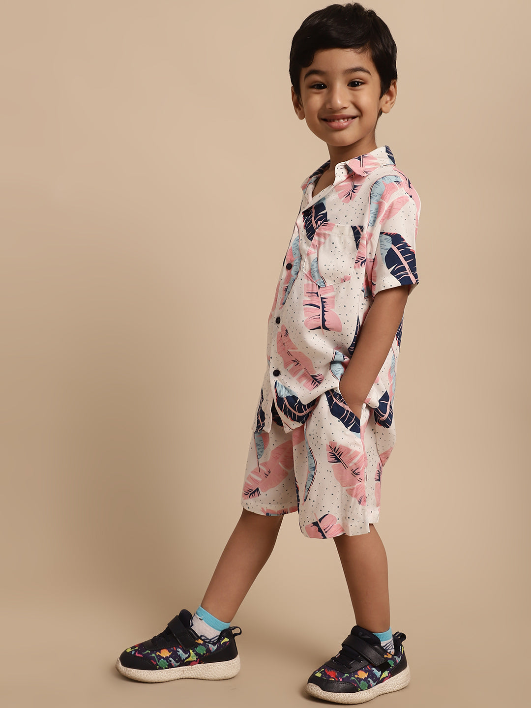 Boys Co-ord Set With Printed Rayon Shirt and Shorts, Pink