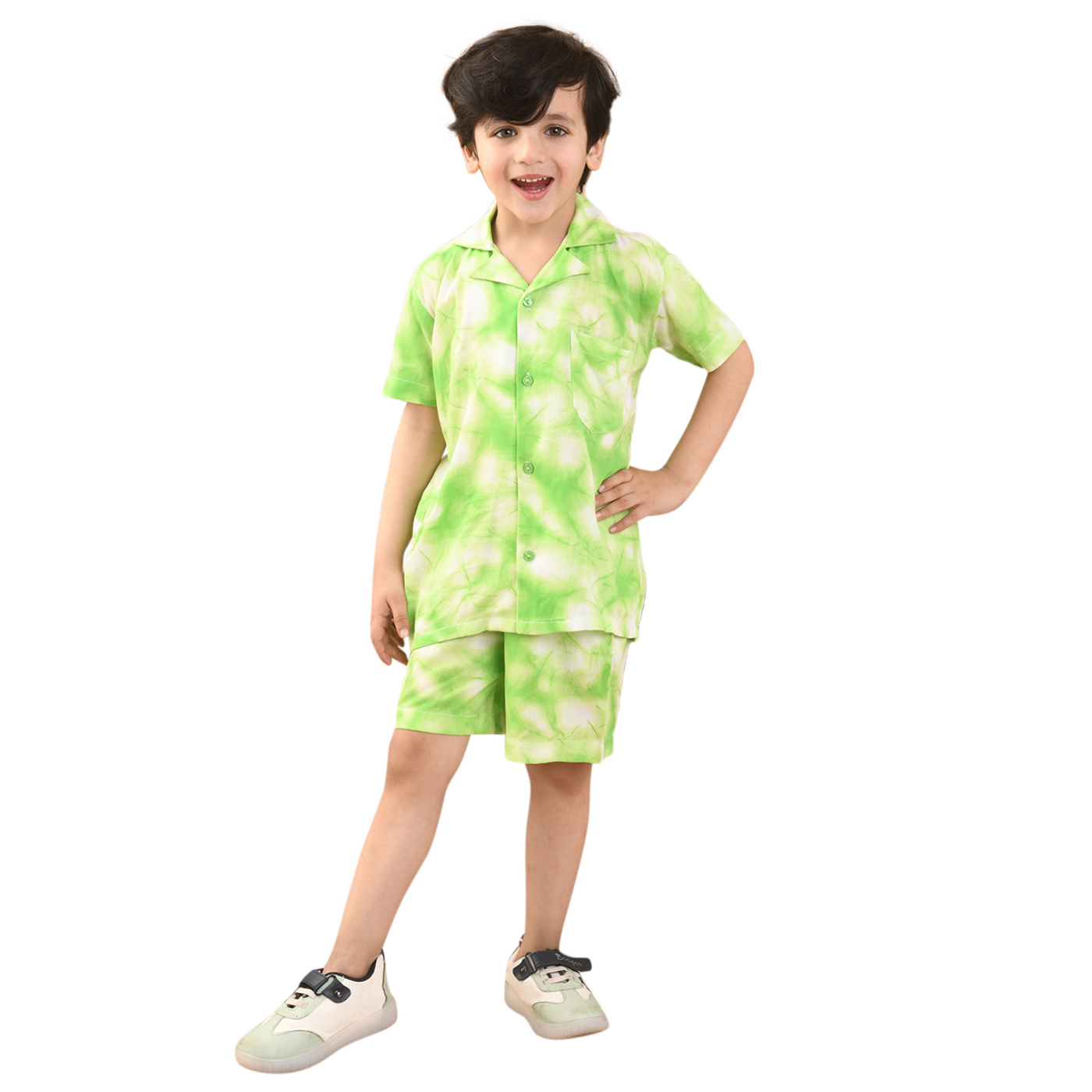 Baby Boys Rayon Tie-Dye Printed Co-ord Set With Notched Collar Shirt and Shorts, Green