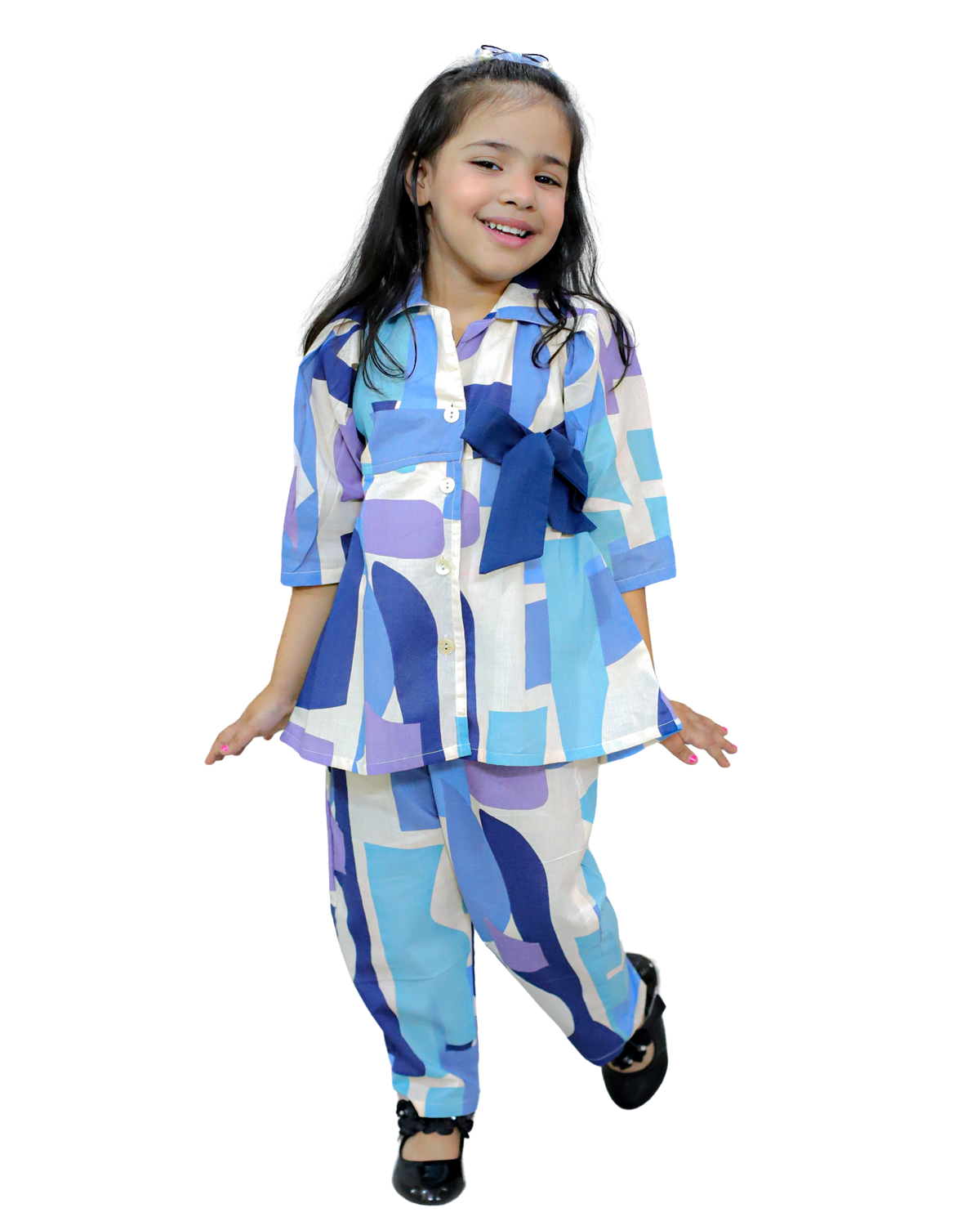 superminis Girls Cotton Abstract Print Top With Matching Waist Belt And Pant , Navy Blue