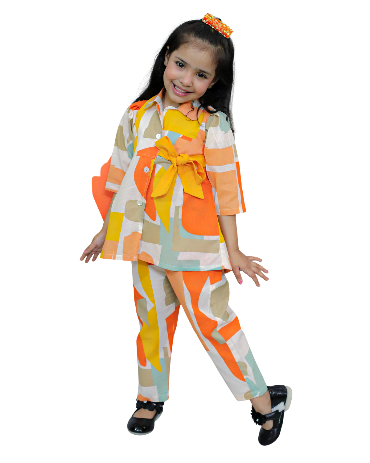 Girls Cotton Abstract Print Top With Matching Waist Belt And Pant, Mustard