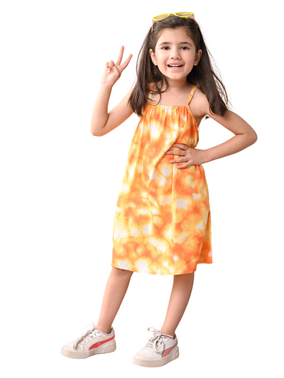 Baby Girls Rayon Tie Dye Print A Line Sleeveless Frock Dress with Shoulder Strap, Orange