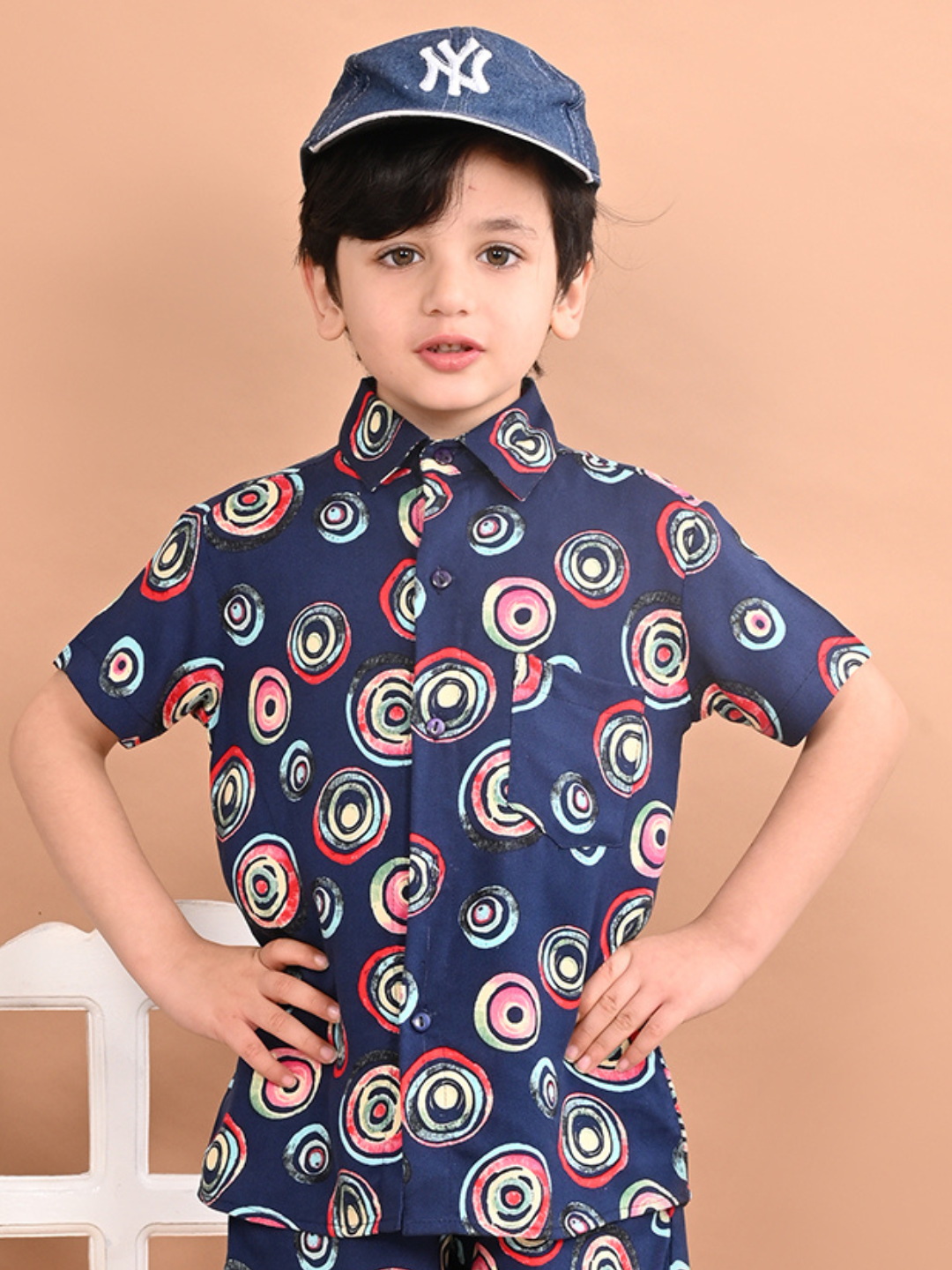 Boys Rayon Cotton Casual Wear Half Sleeves Collared Neck Printed Shirt, Navy Blue