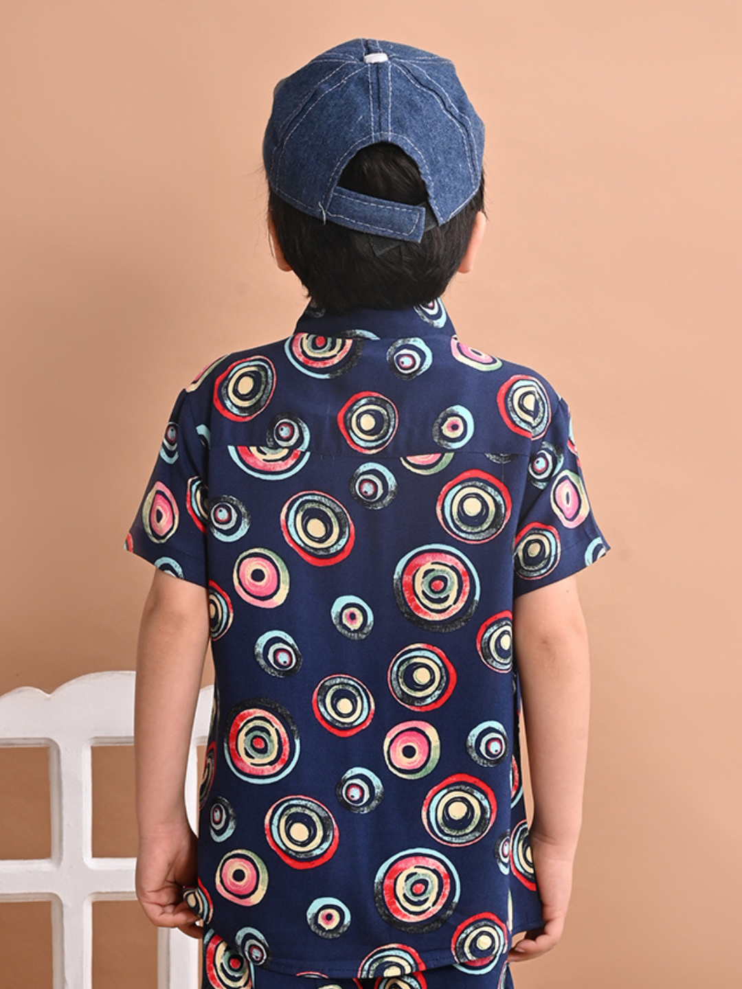 Boys Rayon Cotton Casual Wear Half Sleeves Collared Neck Printed Shirt, Navy Blue