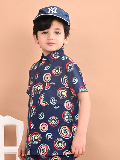 Boys Rayon Cotton Casual Wear Half Sleeves Collared Neck Printed Shirt, Navy Blue