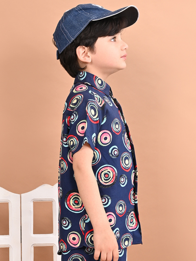 Boys Rayon Cotton Casual Wear Half Sleeves Collared Neck Printed Shirt, Navy Blue