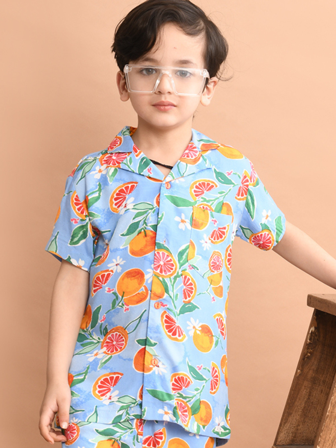 Boys Rayon Cotton Casual Wear Half Sleeves Collared Neck Printed Shirt, Navy Blue