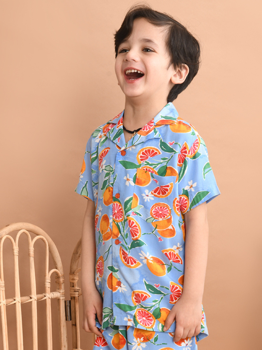 Boys Rayon Cotton Casual Wear Half Sleeves Collared Neck Printed Shirt, Navy Blue