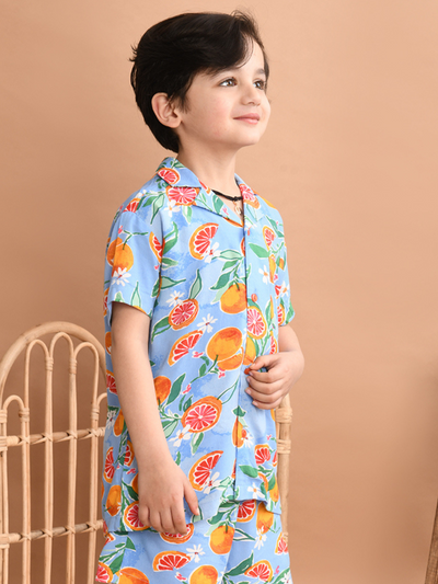 Boys Rayon Cotton Casual Wear Half Sleeves Collared Neck Printed Shirt, Navy Blue