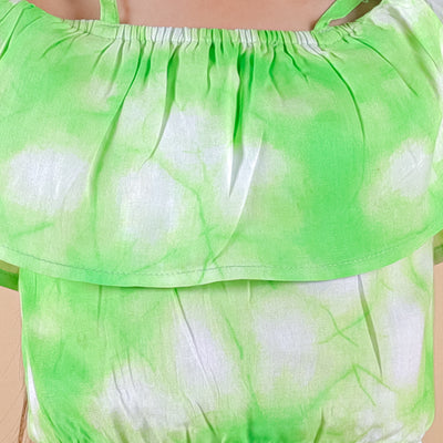 Girls Rayon Off Shoulder Tie-Dye Printed Top and Shorts with Matching Belt, Green