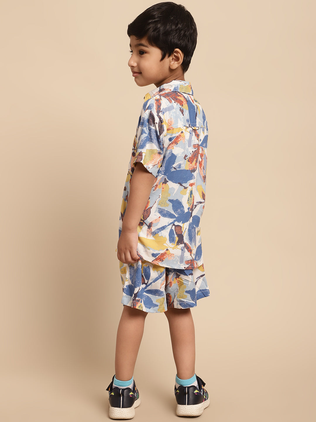 Boys Co-ord Set With Printed Rayon Shirt and Shorts, Blue