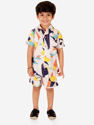 Boys Co-ord Set With Printed Rayon Shirt and Shorts, White