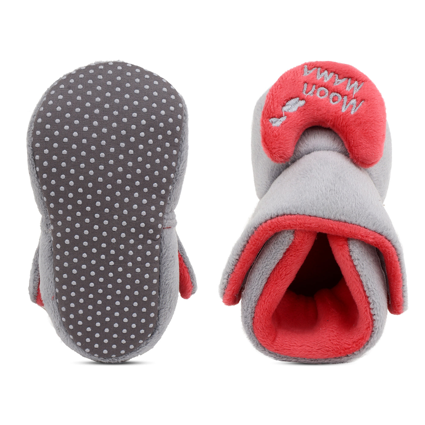 Baby Girls and Baby Boys Ankle Length With Moon Mumma Design Soft Base Booties/Shoes (3-9 Months, Grey & Red)