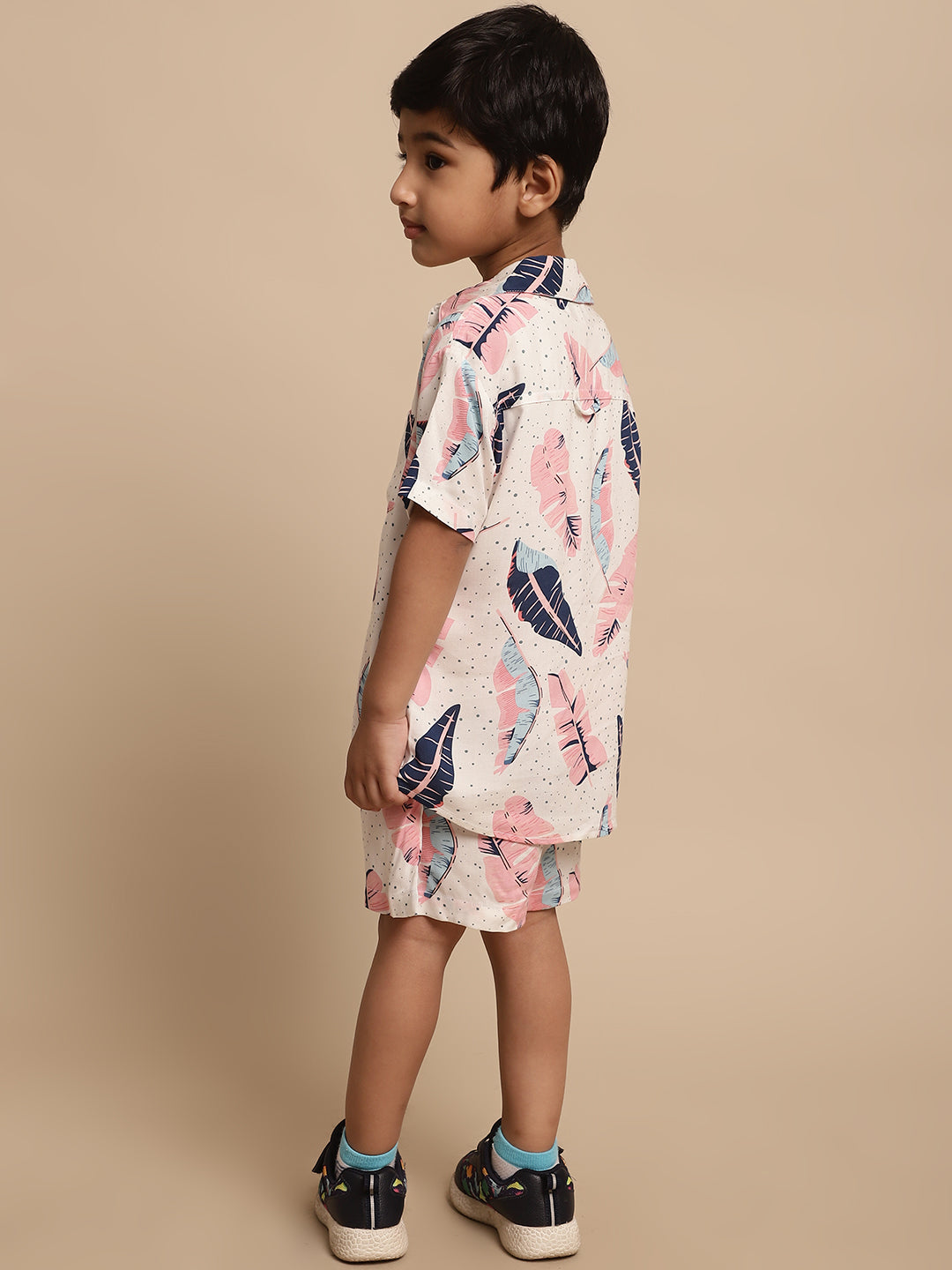 Boys Co-ord Set With Printed Rayon Shirt and Shorts, Pink