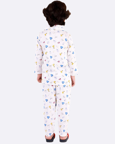 Hosiery Cotton Night Suit - Full Sleeves, Collared Neck, Teddy Print, Sleep Wear for Girls, Boys, Babies, Kids