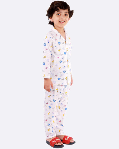 Hosiery Cotton Night Suit - Full Sleeves, Collared Neck, Teddy Print, Sleep Wear for Girls, Boys, Babies, Kids