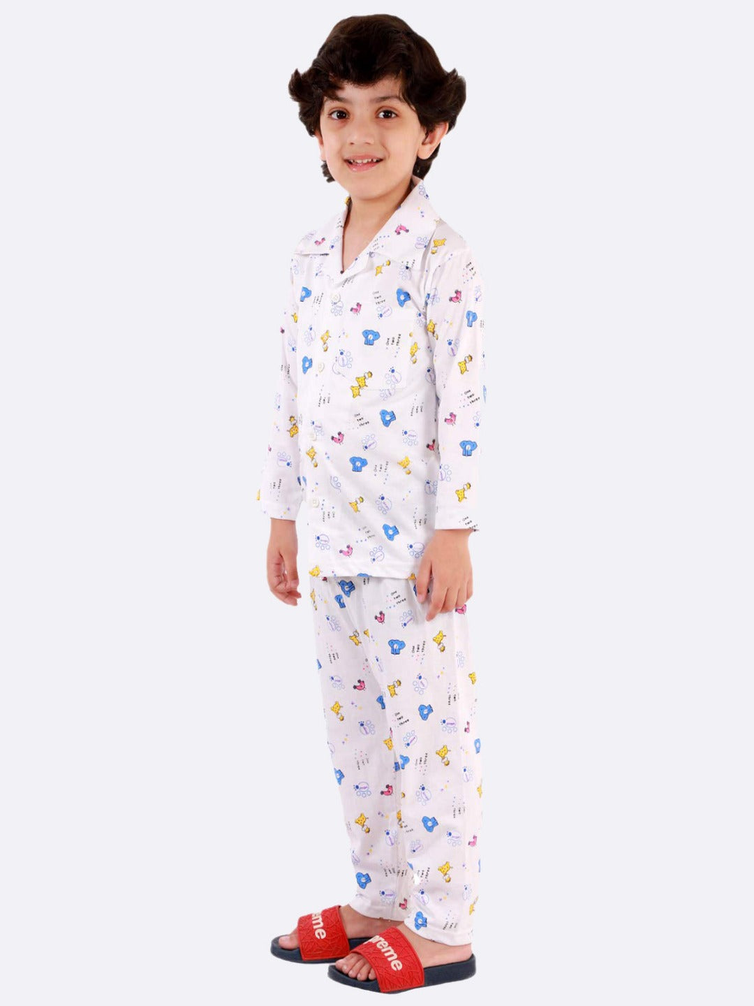 Hosiery Cotton Night Suit - Full Sleeves, Collared Neck, Teddy Print, Sleep Wear for Girls, Boys, Babies, Kids