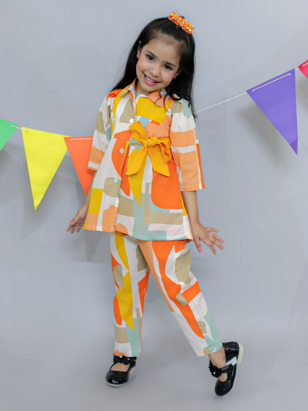 Girls Cotton Abstract Print Top With Matching Waist Belt And Pant, Mustard