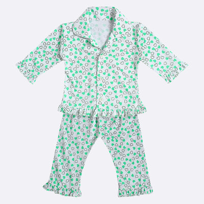 superminis Baby Girls' Heart Print Hosiery Cotton Full Sleeves Night Suit with Frill On T Shirt and Pyjama, Green