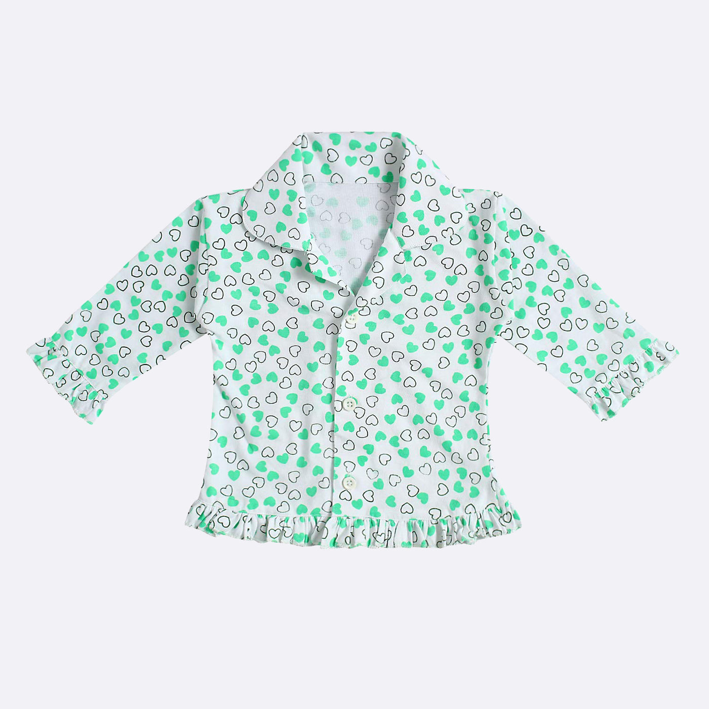 superminis Baby Girls' Heart Print Hosiery Cotton Full Sleeves Night Suit with Frill On T Shirt and Pyjama, Green