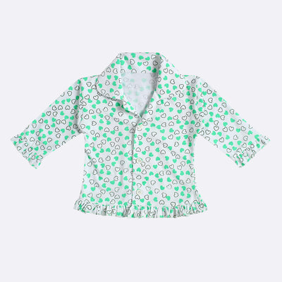 superminis Baby Girls' Heart Print Hosiery Cotton Full Sleeves Night Suit with Frill On T Shirt and Pyjama, Green