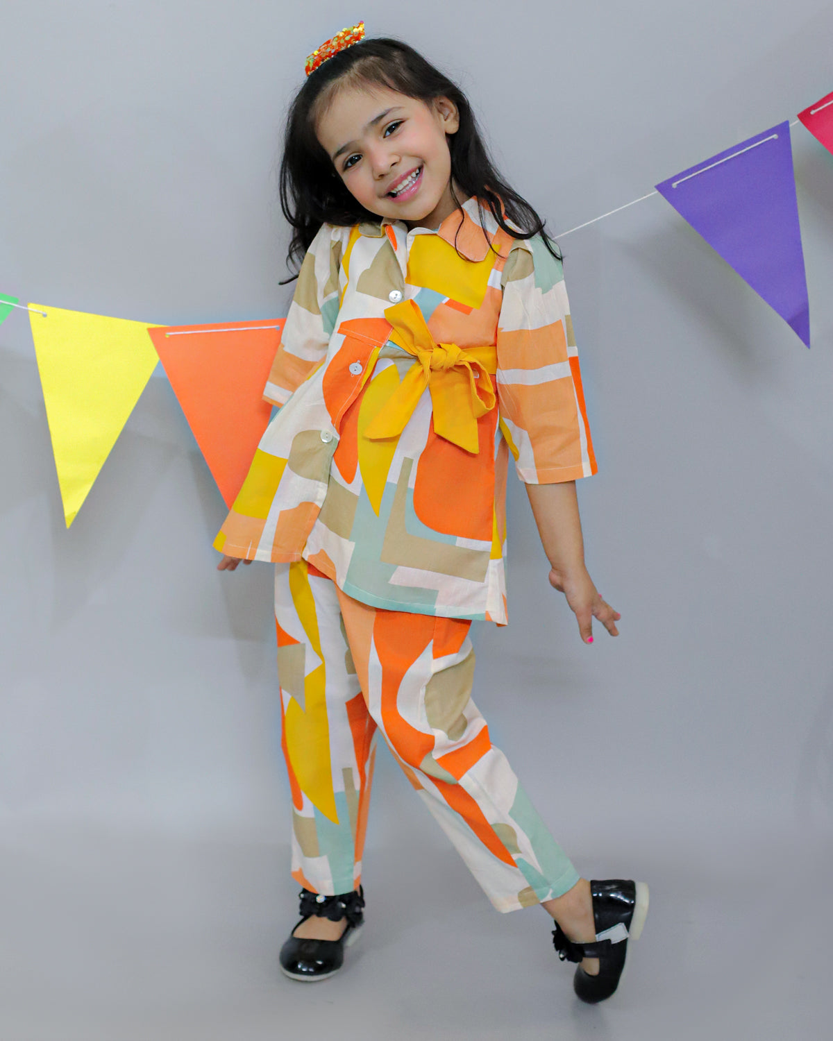 Girls Cotton Abstract Print Top With Matching Waist Belt And Pant, Mustard