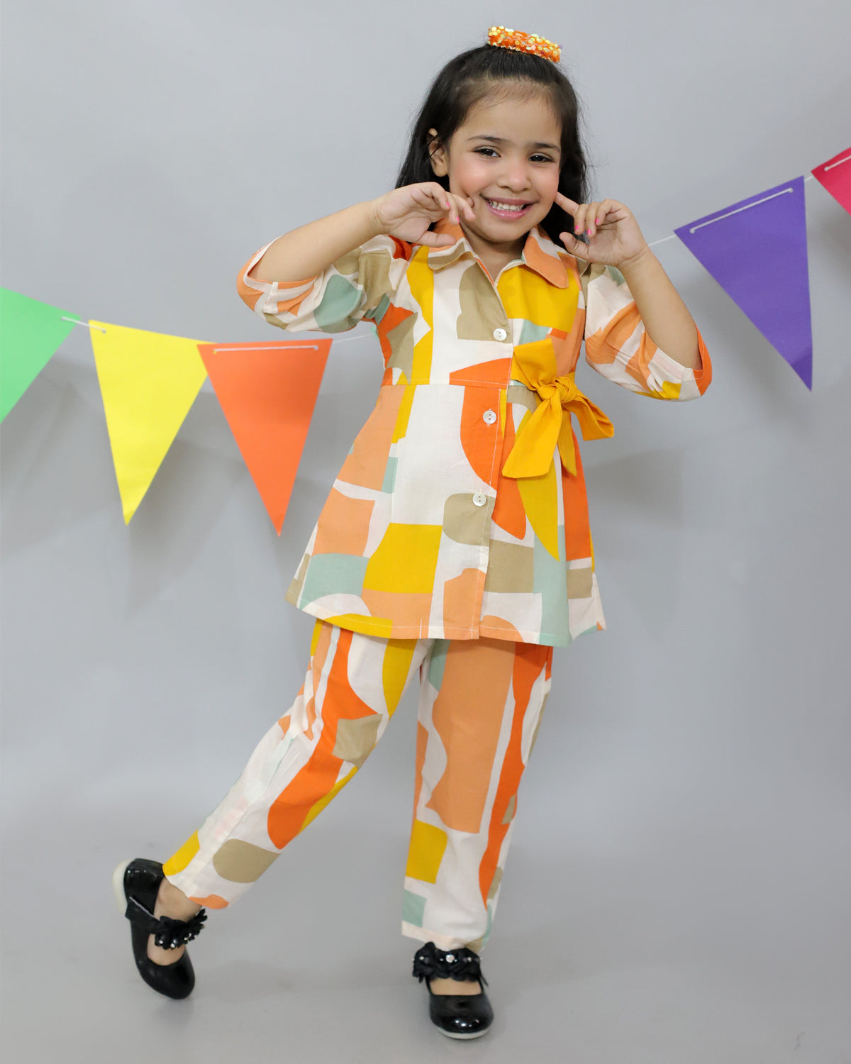 Girls Cotton Abstract Print Top With Matching Waist Belt And Pant, Mustard