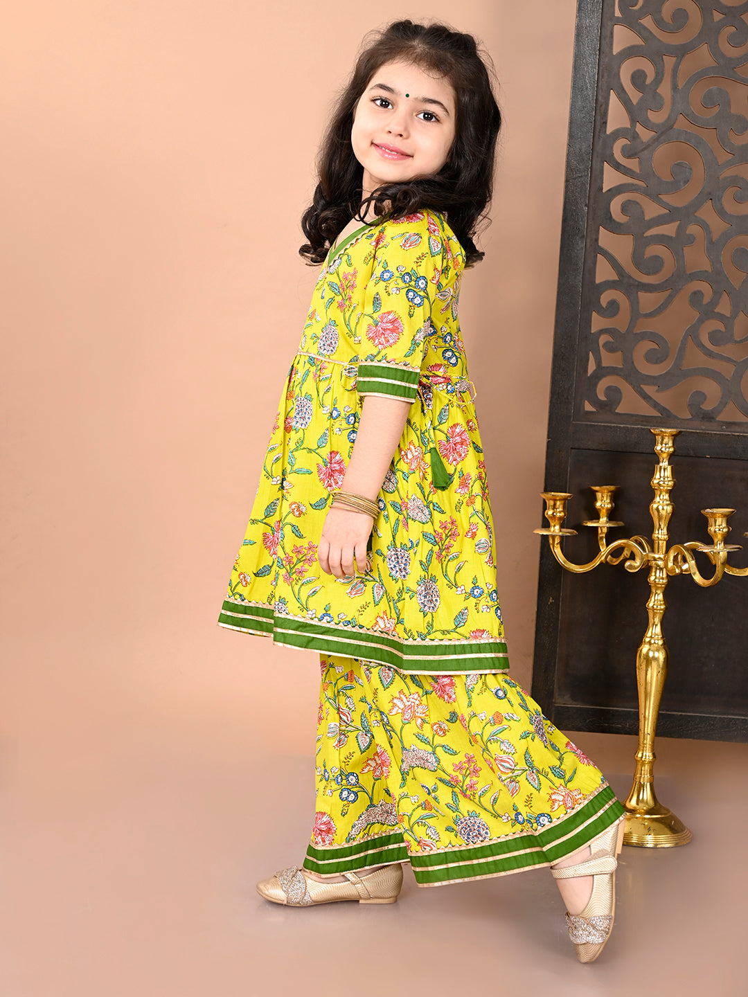 Girls Yellow Cotton Floral Printed Gota Patti Work Half Sleeves Kurti and Sharara Set