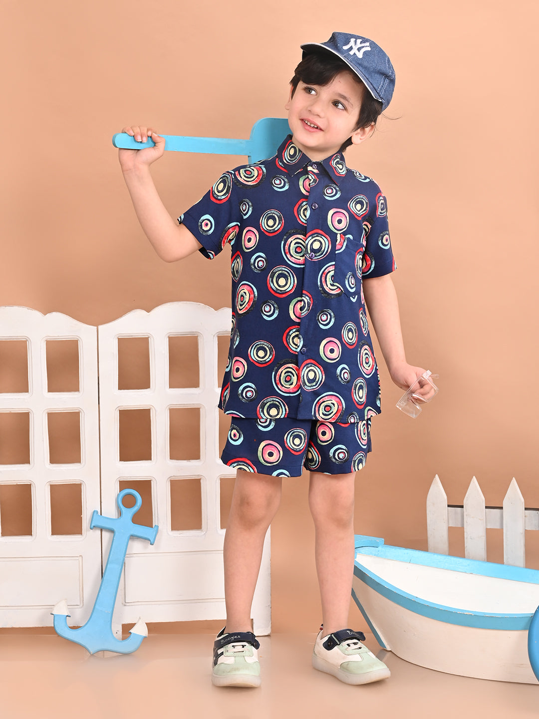 Boys Coordinated Set With Printed Rayon Shirt and Shorts, Navy Blue