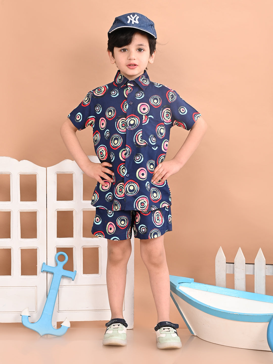 Boys Coordinated Set With Printed Rayon Shirt and Shorts, Navy Blue