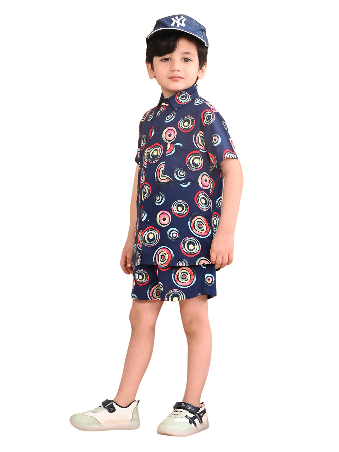 Boys Coordinated Set With Printed Rayon Shirt and Shorts, Navy Blue