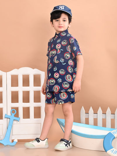 Boys Coordinated Set With Printed Rayon Shirt and Shorts, Navy Blue