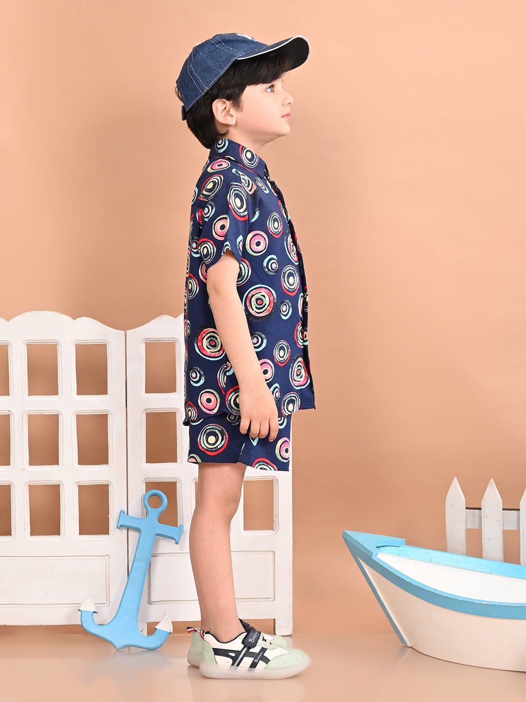 Boys Coordinated Set With Printed Rayon Shirt and Shorts, Navy Blue