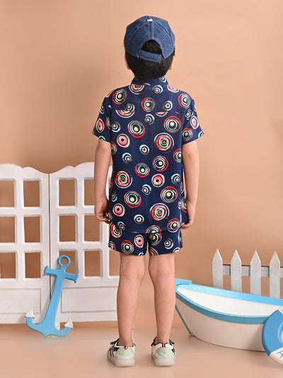 Boys Coordinated Set With Printed Rayon Shirt and Shorts, Navy Blue