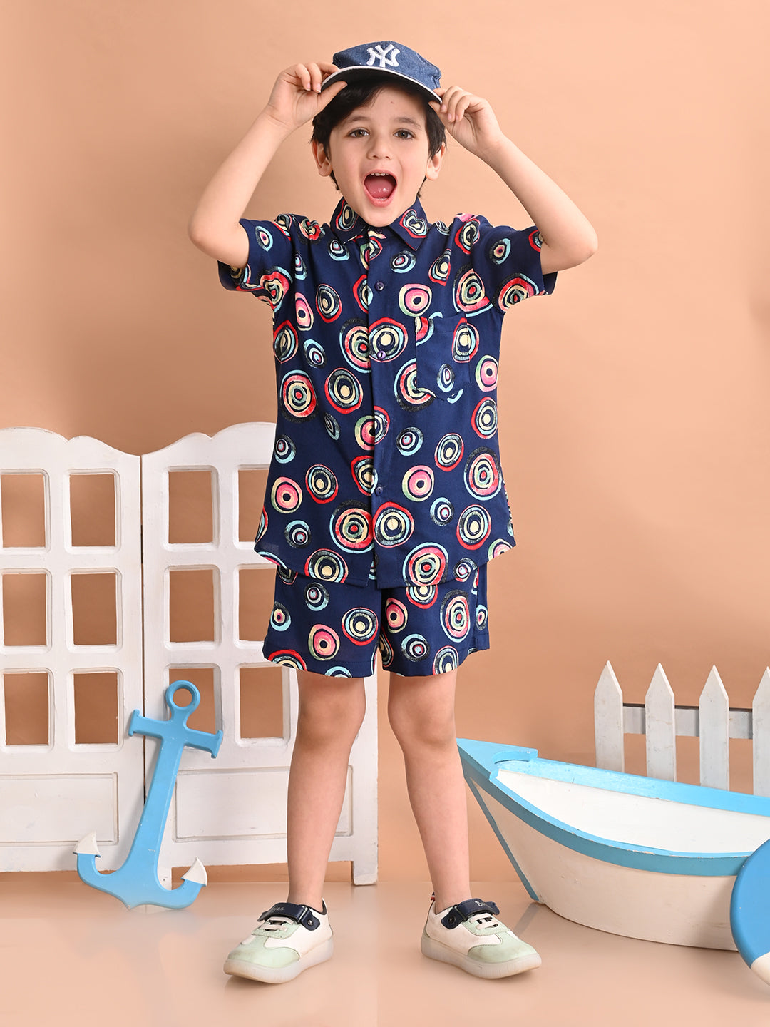 Boys Coordinated Set With Printed Rayon Shirt and Shorts, Navy Blue