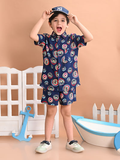 Boys Coordinated Set With Printed Rayon Shirt and Shorts, Navy Blue