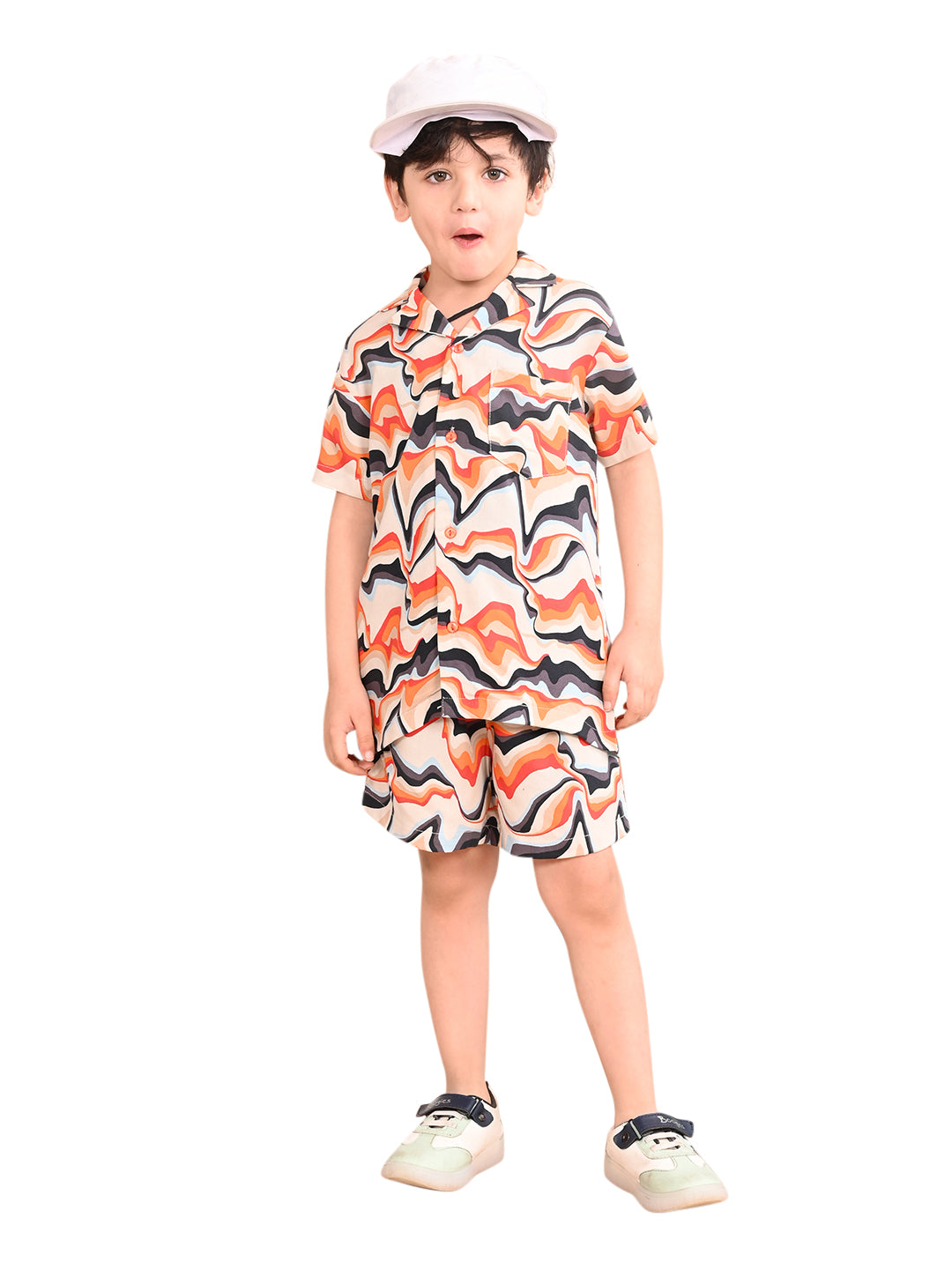 Boys Coordinated Set With Printed Rayon Shirt and Shorts, Cream