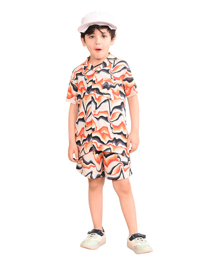 Boys Coordinated Set With Printed Rayon Shirt and Shorts, Cream