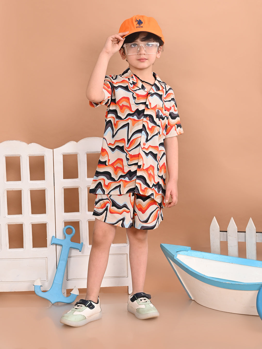 Boys Coordinated Set With Printed Rayon Shirt and Shorts, Cream