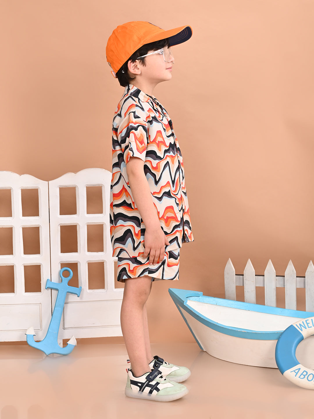 Boys Coordinated Set With Printed Rayon Shirt and Shorts, Cream