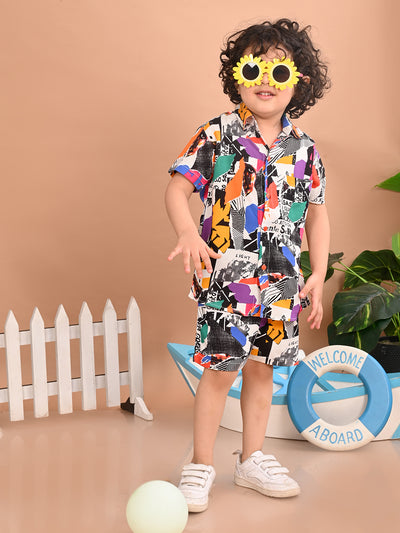 Boys Coordinated Set With Printed Rayon Shirt and Shorts, Multicolor