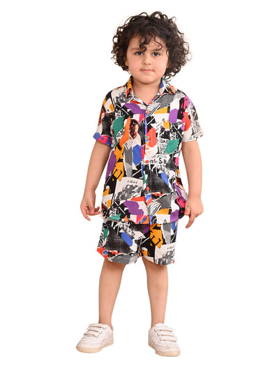 Boys Coordinated Set With Printed Rayon Shirt and Shorts, Multicolor