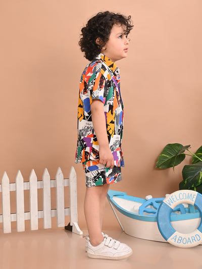 Boys Coordinated Set With Printed Rayon Shirt and Shorts, Multicolor